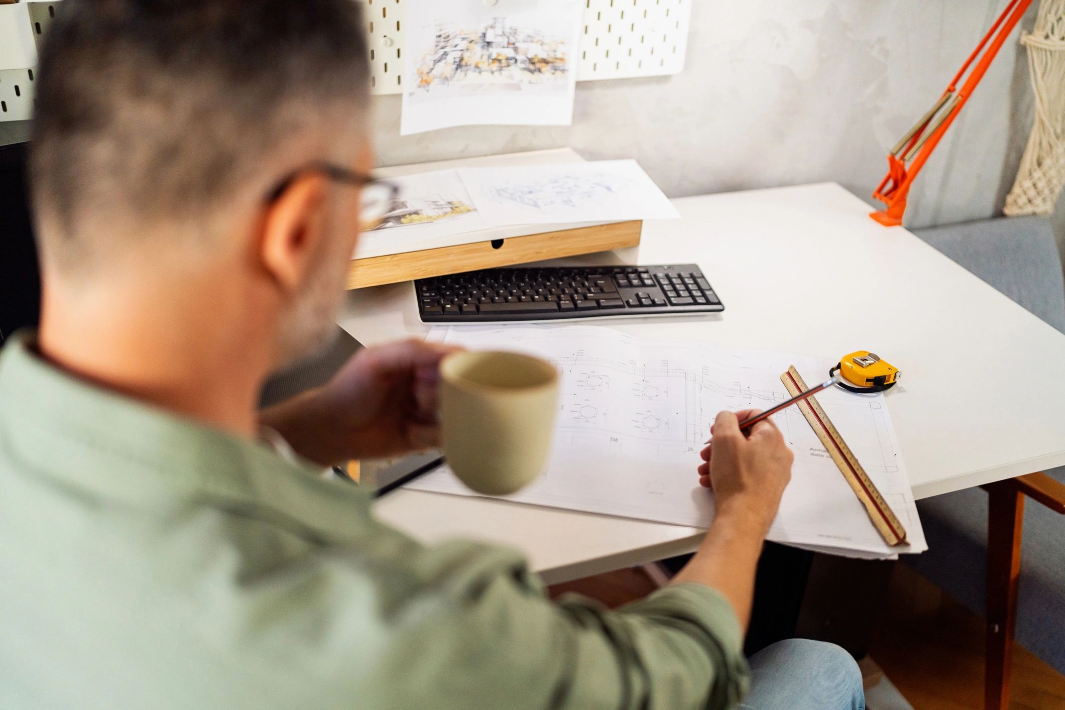 Architect drawing structural plans at a desk